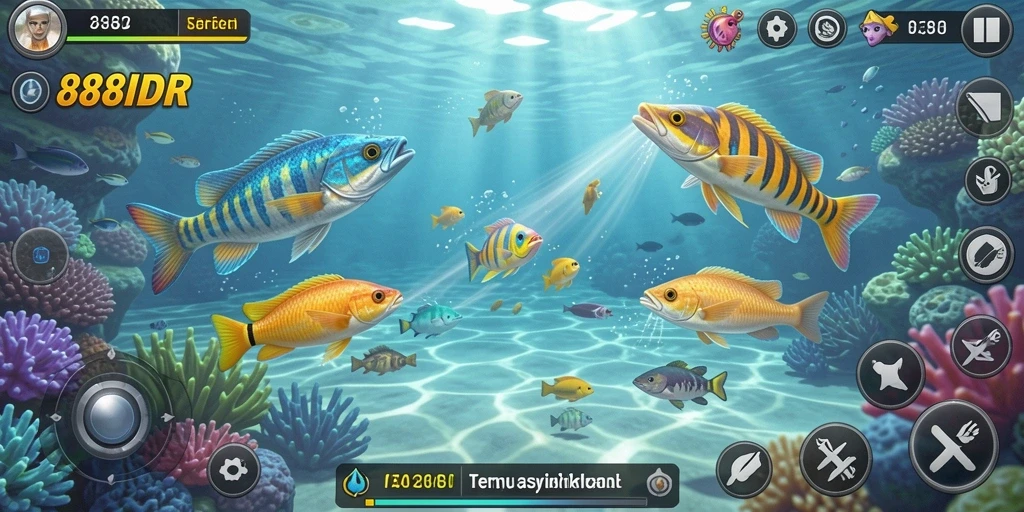 Tampilan gameplay seru dalam 888IDR, menembak ikan dengan berbagai senjata.
