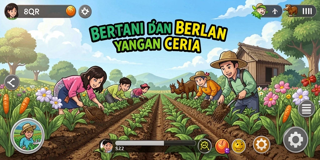 Screenshot gameplay 8QR menunjukkan suasana pertanian yang ceria.