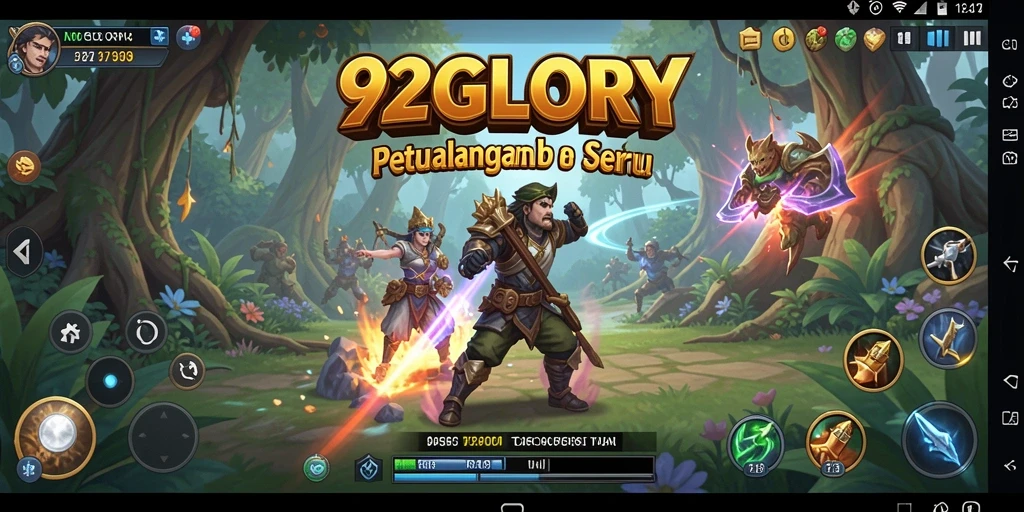 Gameplay 92GLORY menampilkan karakter berpetualang di dunia yang menakjubkan.