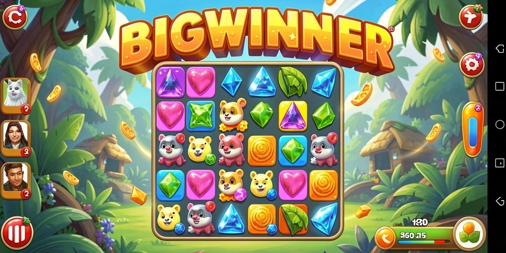 Screenshot gameplay BIGWINNER menunjukkan tantangan seru Match-3.