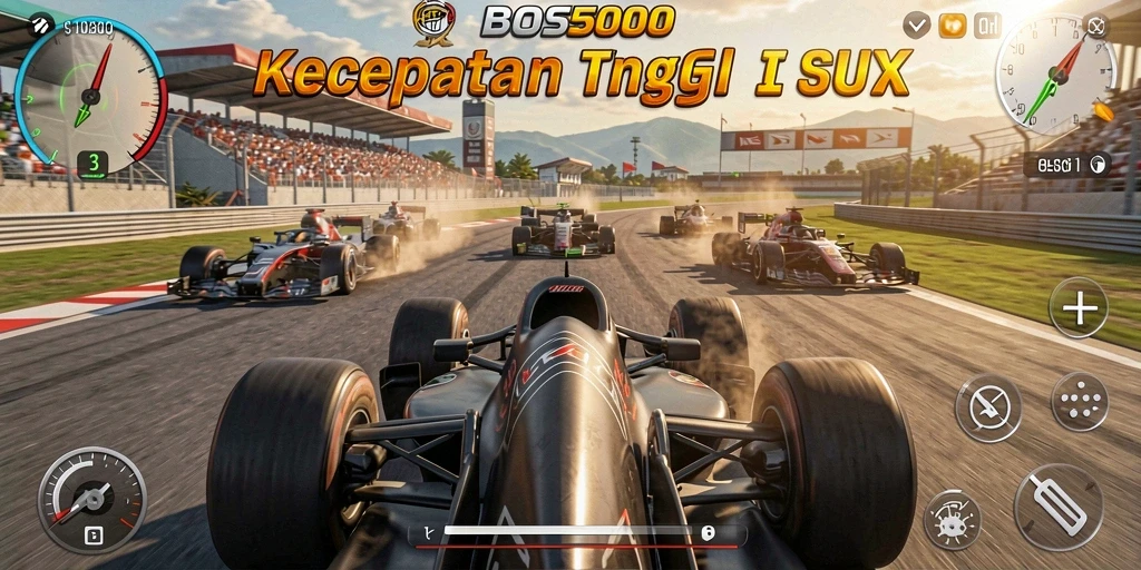 Screenshot gameplay BOS5000 dengan mobil balap di trek yang menantang.