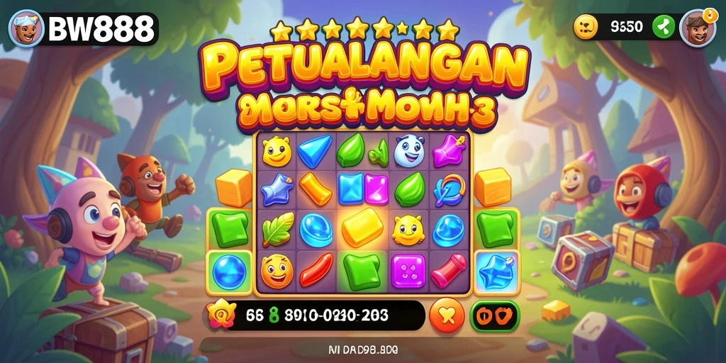 Screenshot dari gameplay <strong>BW888</strong> menunjukkan kombinasi gem yang seru.
