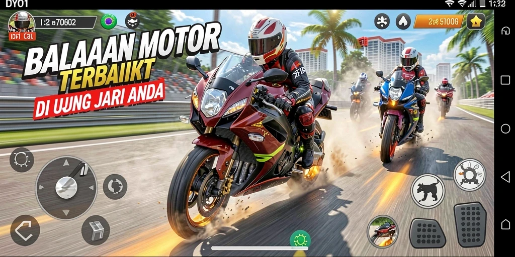 Tampilan gameplay DYO1 dengan aksi balapan motor yang mendebarkan.