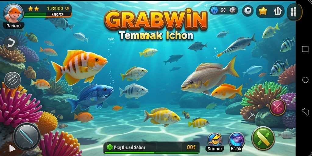 Tangkapan layar utama GRABWIN yang menunjukkan gameplay Tembak Ikan yang seru.