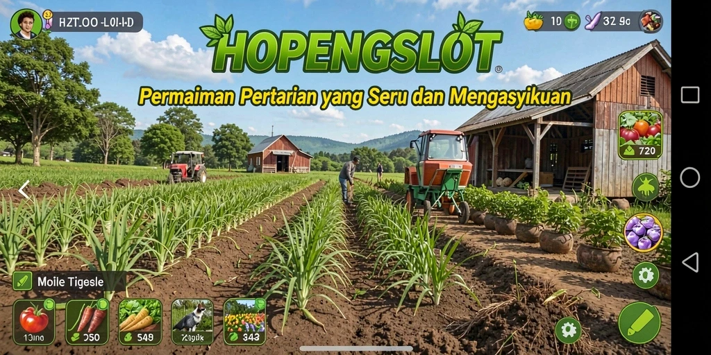 Screenshot gameplay HOPENGSLOT menunjukkan ladang yang subur dan aktivitas bertani yang menyenangkan.