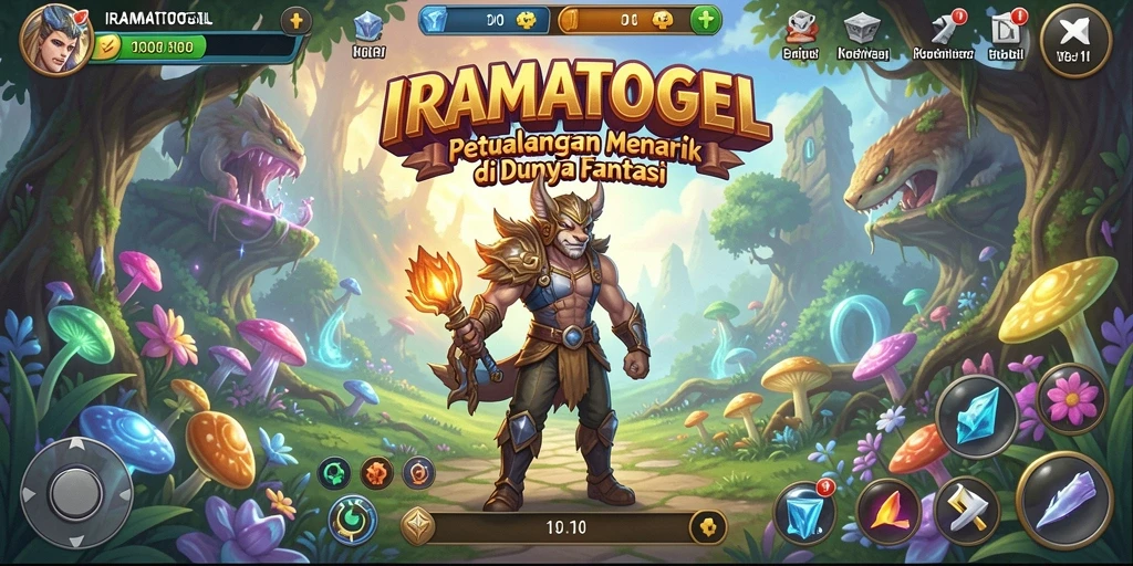 Tangkapan layar utama IRAMATOGEL menampilkan karakter petualang dalam aksi di dunia magis.
