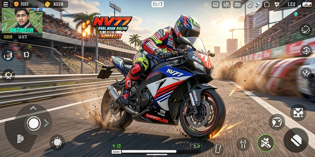 Gameplay NV77 yang seru dengan balapan motor yang mendebarkan.