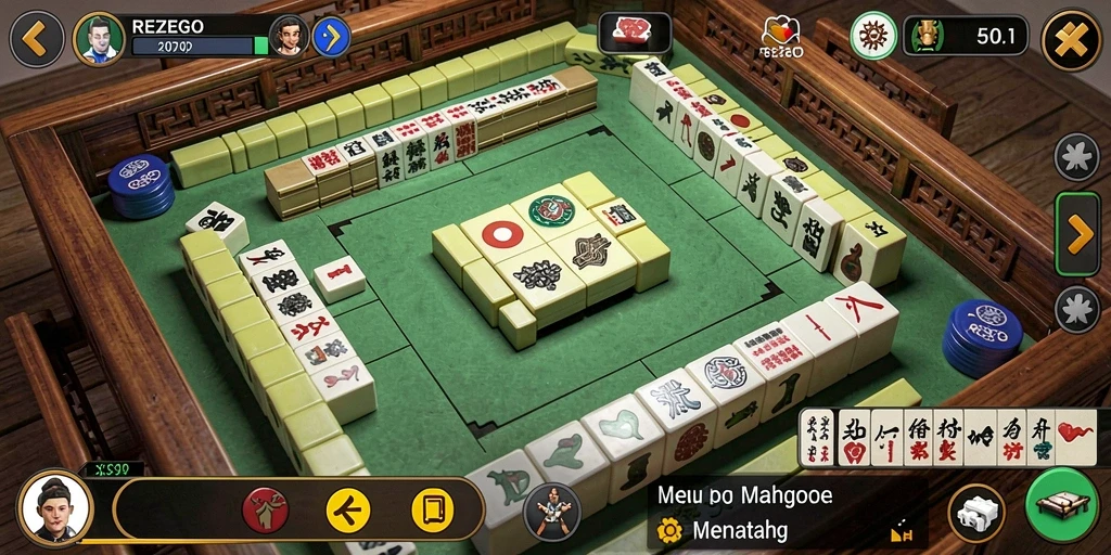 Tampilan gameplay seru dari REZEGO dengan ubin Mahjong yang berwarna-warni.